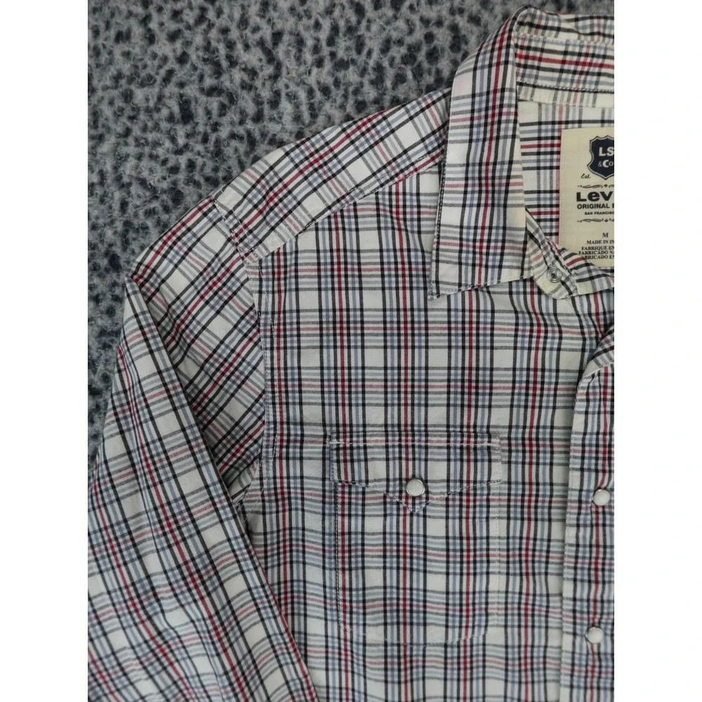 Levis Mens Western Pearl Snap Shirt M Plaid‎ Long Sleeve Red Blue White Cotton